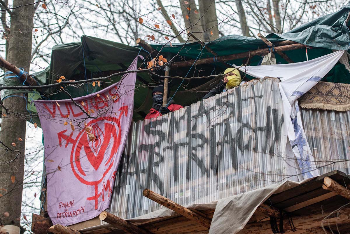 UmweltaktivistInnen protestieren im Dannenroeder Forst gegen den Ausbau der A49 fuer den ein Teil des Waldes gerodet werden muss: Array